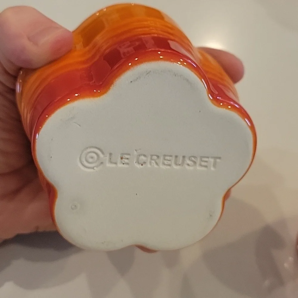 New Le Creuset Flame Orange Flower Cocotte Pair